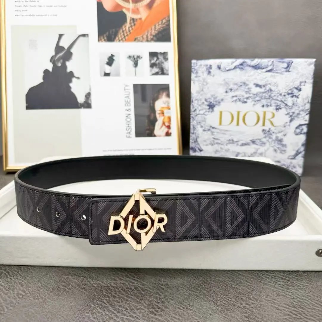 Dior Belts Oblique-pattern belt with logo buckle — Black-printed triangle DR with gold buckle