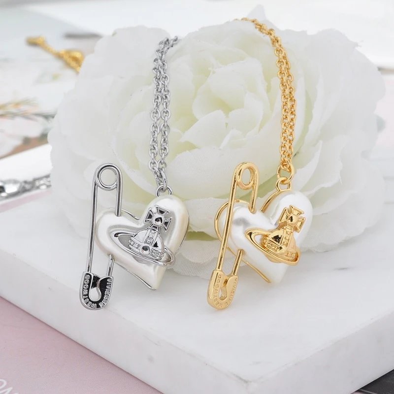 Vivienne Westwood Heart Pearl Safety Pin Necklace Silver Gold Punk