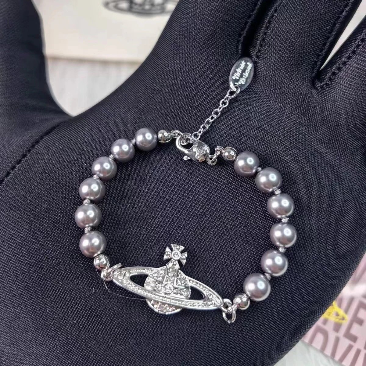 Vivienne Westwood Orb Grey Pearl Crystal Bracelet