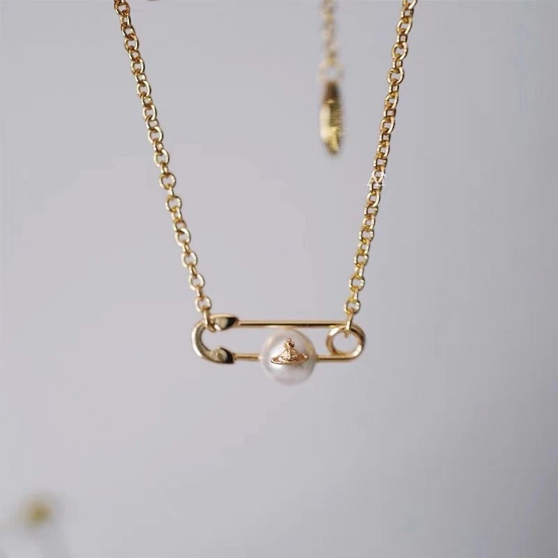 Vivienne Westwood Safety Pin Pearl Charm Necklace Silver Gold