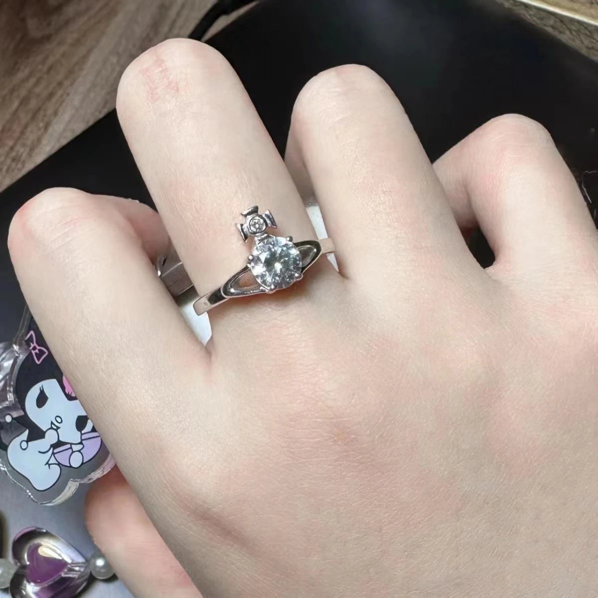 Silver Solitaire Ring With Halo And Side Accent Diamond Vintage Style