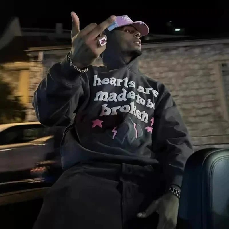 Black Graphic Hoodie with Pink Hearts and Lightning Bolts Streetwear