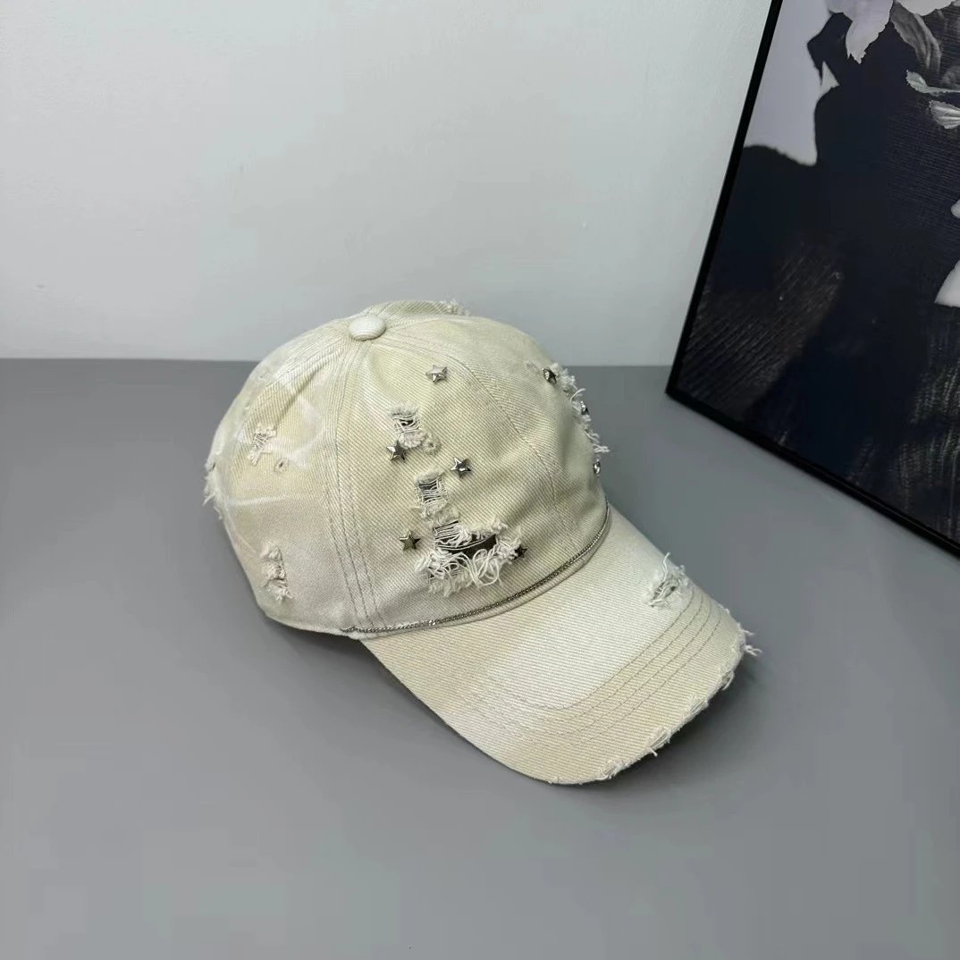 Denim Baseball Cap Light Blue Cream Olive Distressed Star Embellished Cap