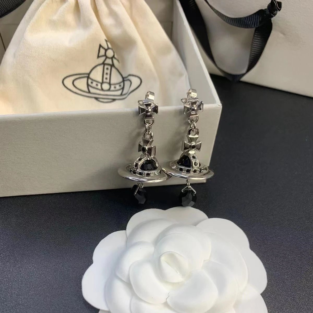 Vivienne Westwood Orb Silver Clear And Black Crystal Earrings