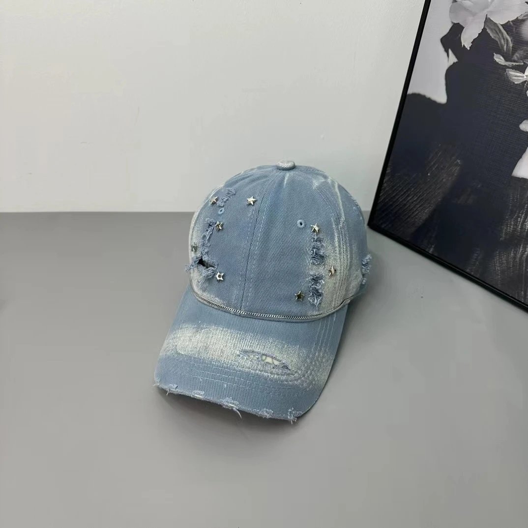 Denim Baseball Cap Light Blue Cream Olive Distressed Star Embellished Cap