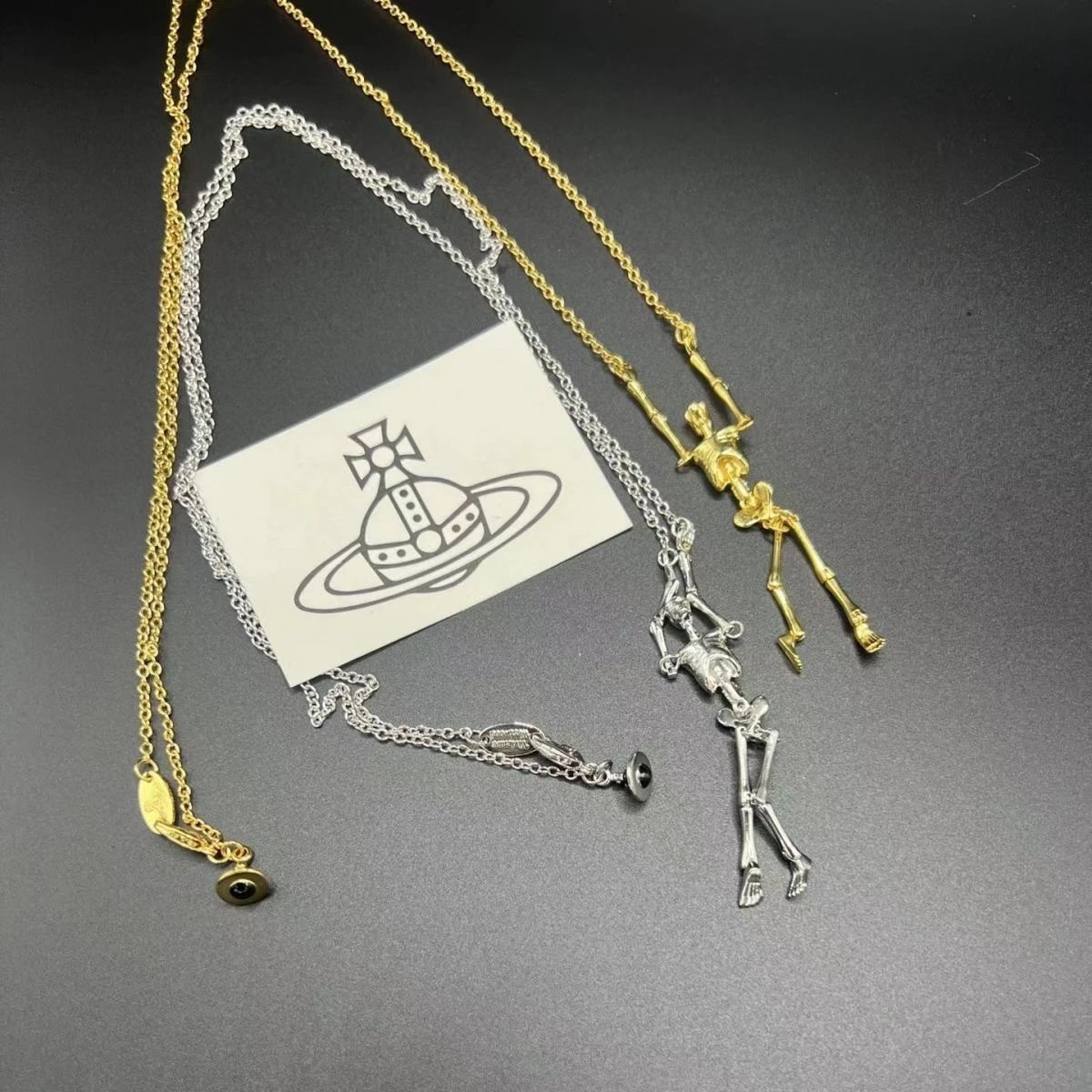 Vivienne Westwood Silver Skeleton Pendant Layered Chain Necklace