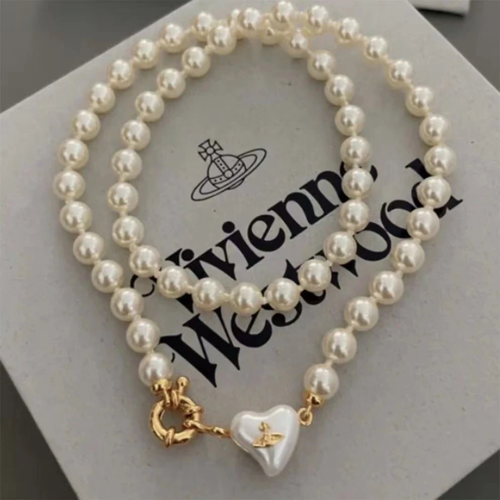 Vivienne Westwood Pearl Heart Charm Necklace Bracelet Set Cream Classic
