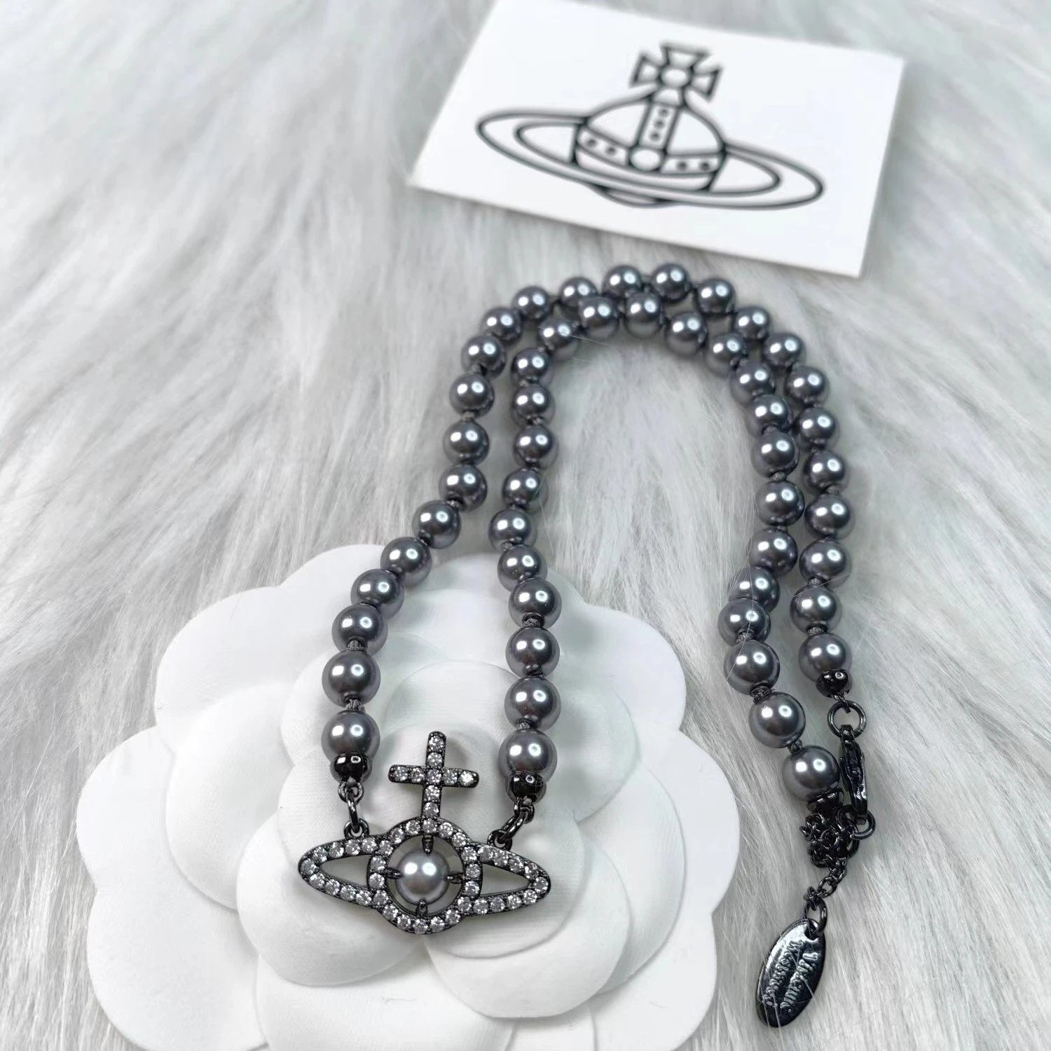 Vivienne Westwood Orb Gray Pearl Crystal Necklace