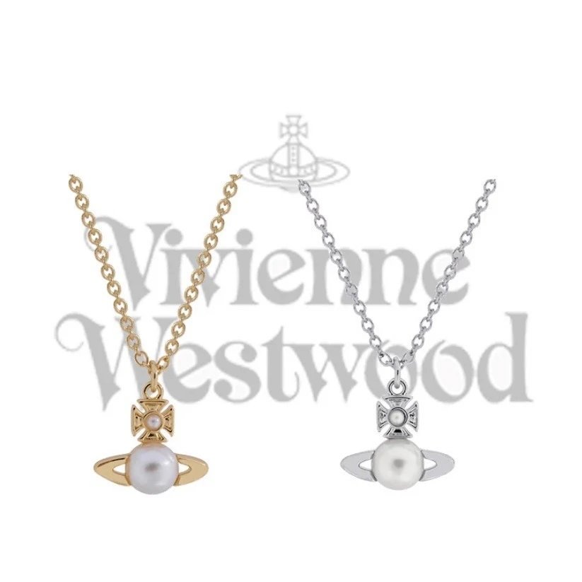 Vivienne Westwood Orb Pearl Cross Pendant Necklace Gold Silver