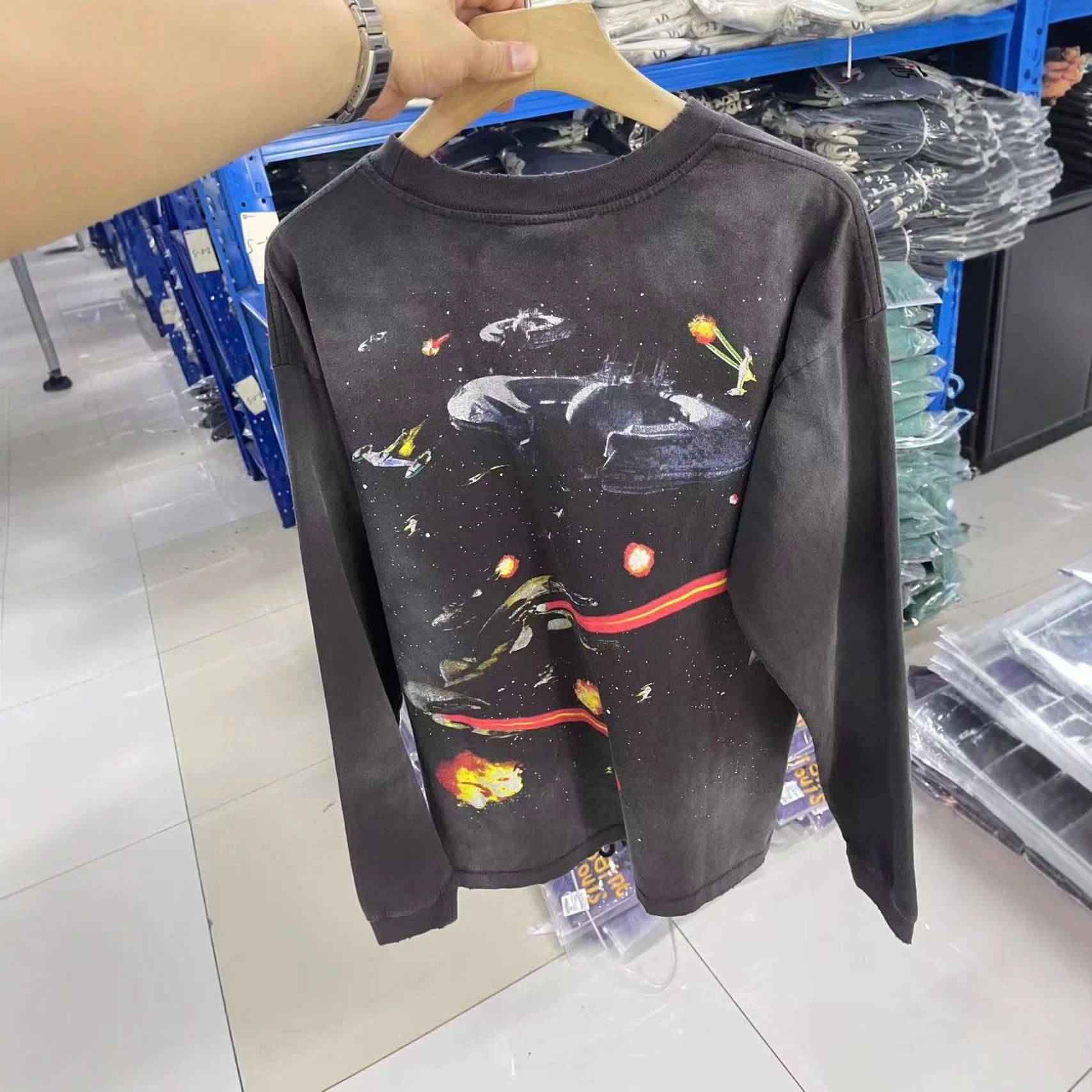 Black Long Sleeve Graphic Print Space Theme Oversized T-Shirt