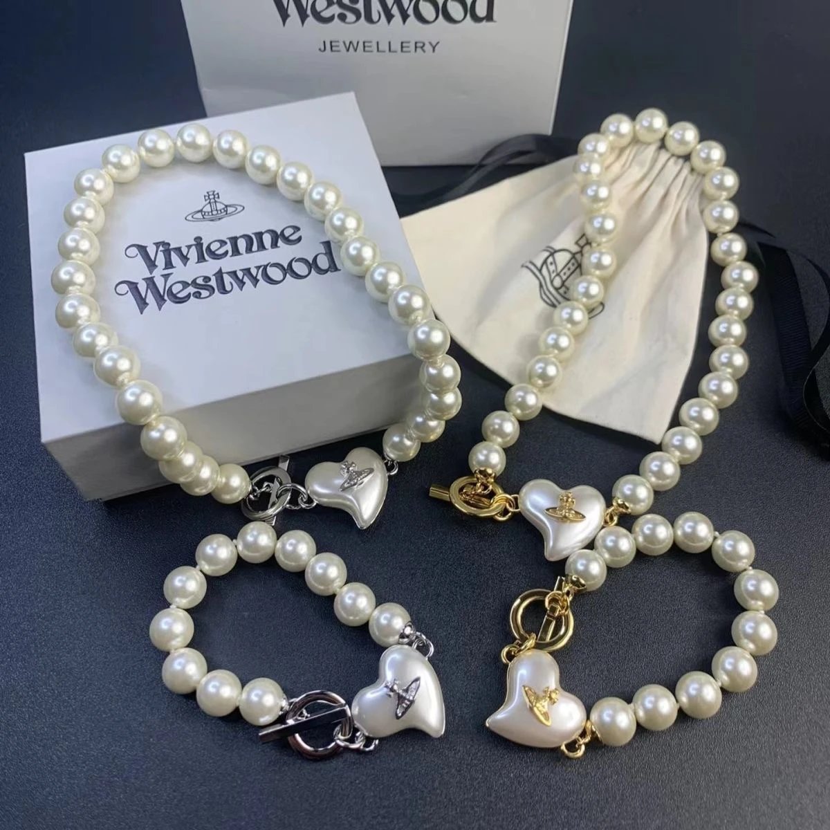 Vivienne Westwood Pearl Heart Charm Necklace Bracelet Set Cream Classic