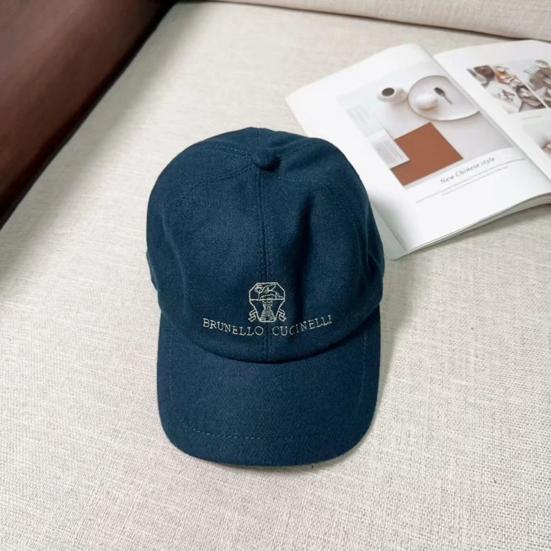 Brunello Cucinelli Hats Embroidered Logo Wool Baseball Cap — Peacock Blue