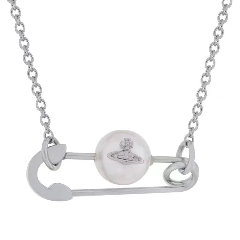 Vivienne Westwood Safety Pin Pearl Charm Necklace Silver Gold