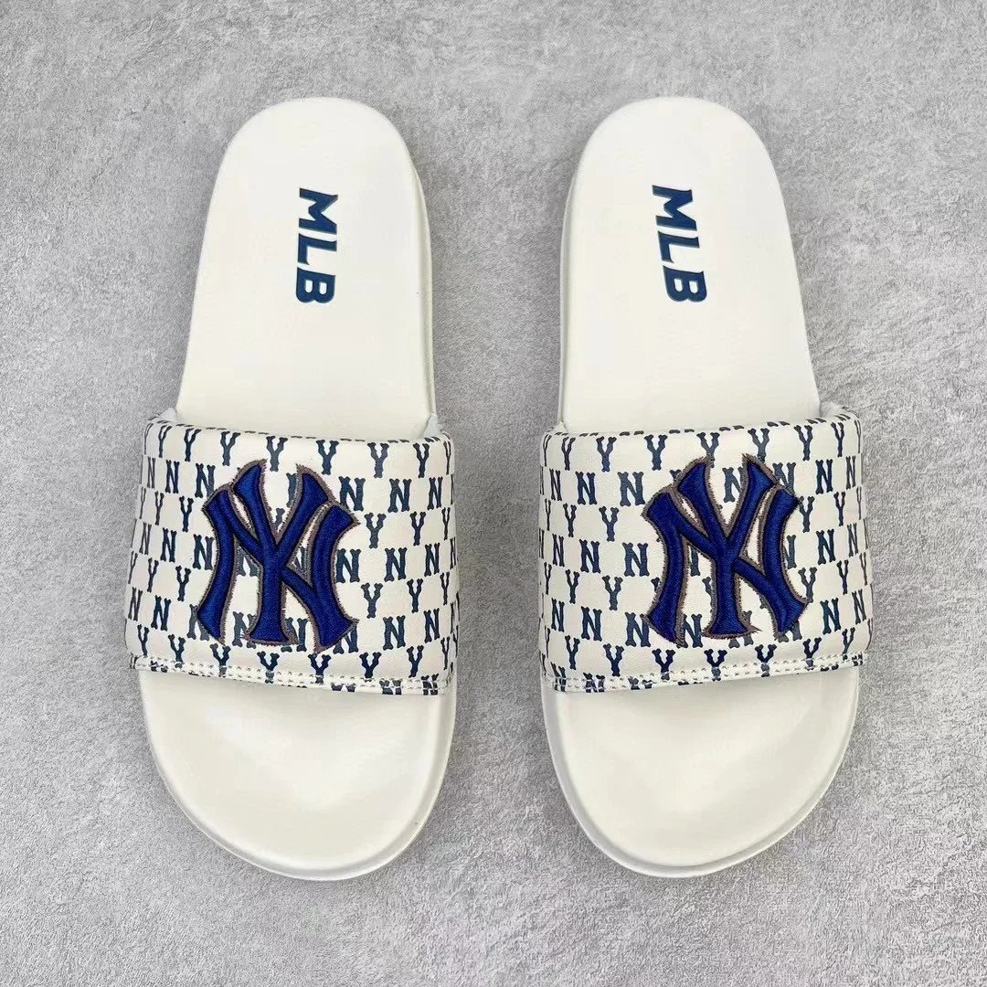 MLB Slide Sandals White Black Beige Patterned Casual Slippers