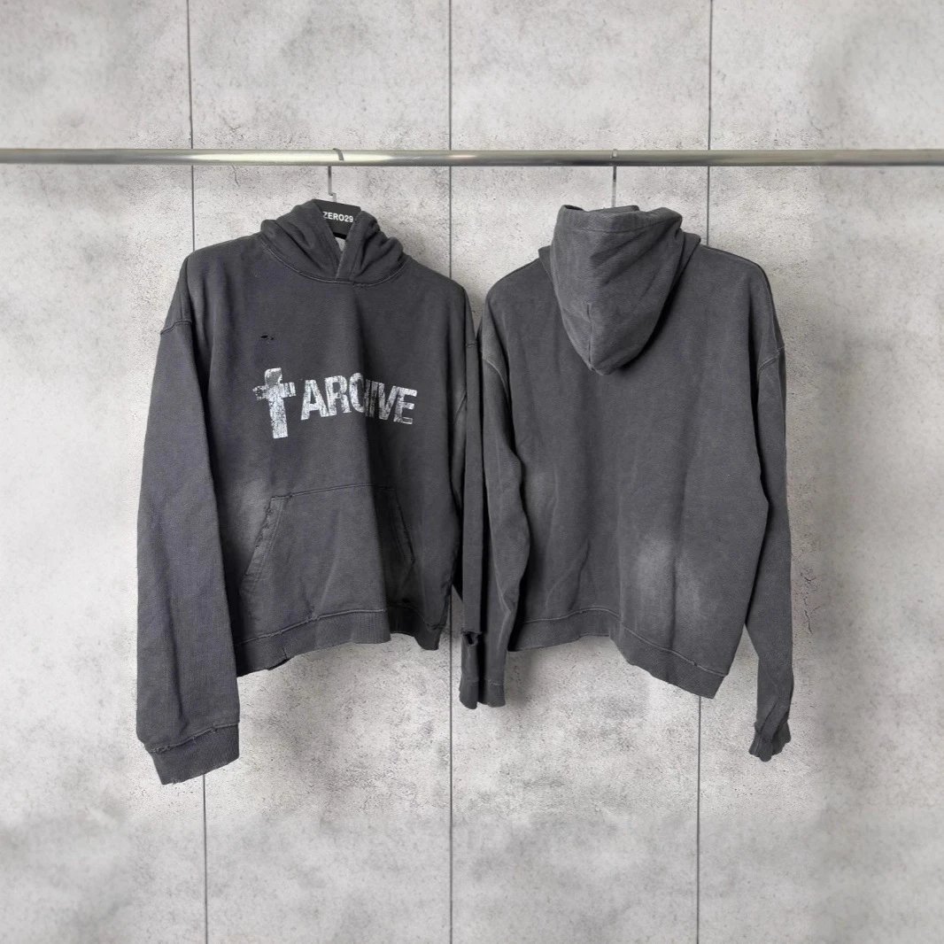 Archive Black Distressed Oversized Hooded Sweatshirt