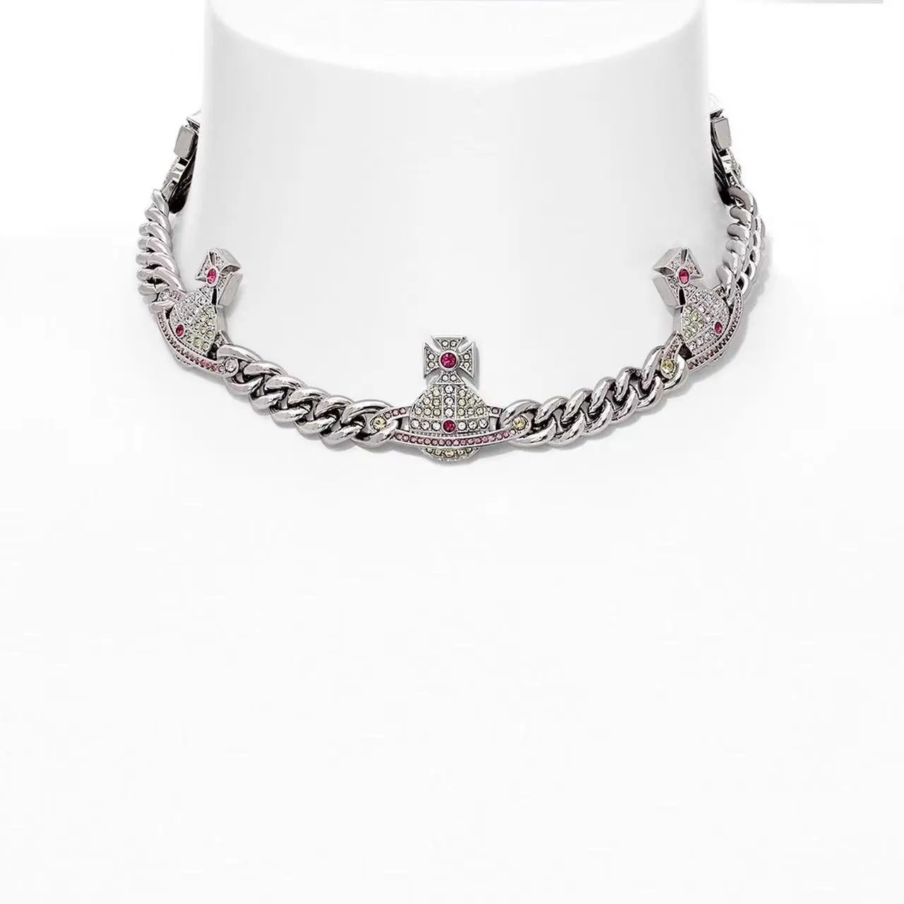 Vivienne Westwood Orb Pink Crystal Chunky Chain Necklace