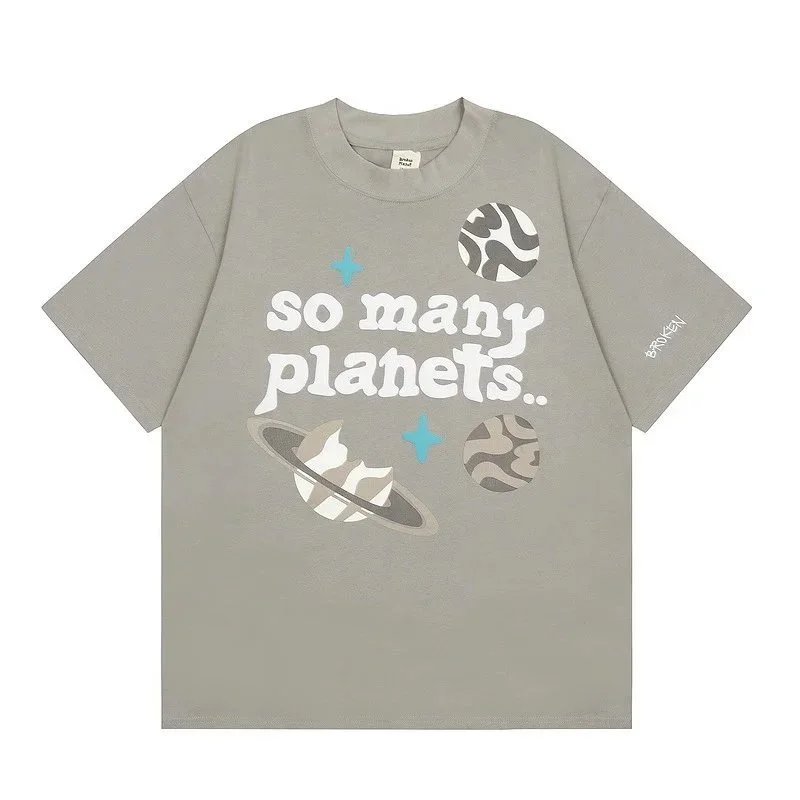 Gray Graphic Tee So Many Planets Space Print Casual T-Shirt