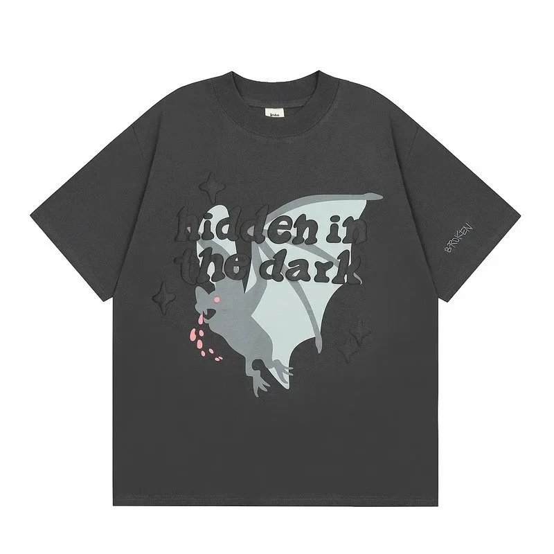 Broken T-Shirt Charcoal Gray Graphic Bat Print Oversized Tee