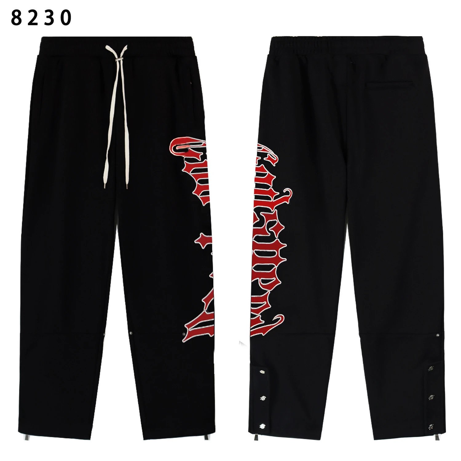 Black Graphic Print Sweatpants With Red Gothic Lettering And Snap Cuffs