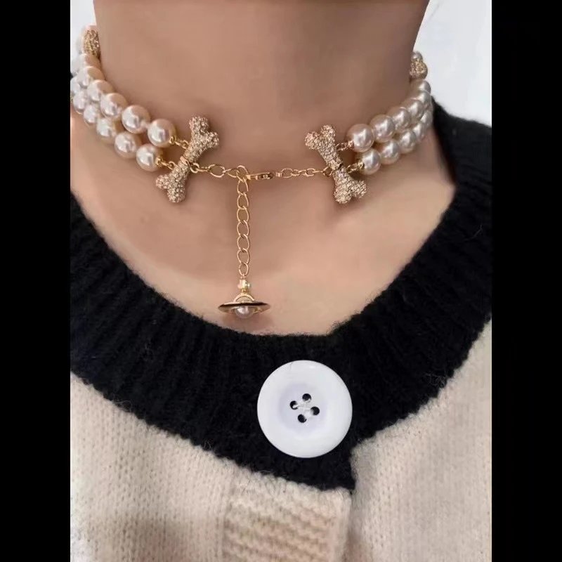 Pearl Bone Charm Multi Strand Necklace White Gold Silver Vintage