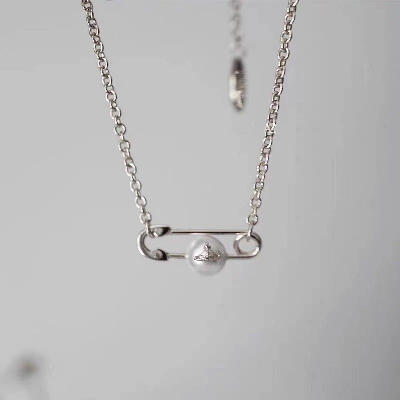 Vivienne Westwood Safety Pin Pearl Charm Necklace Silver Gold