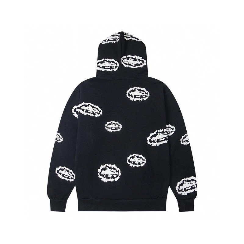 Black Full Zip Hoodie With White Cloud Print Streetwear