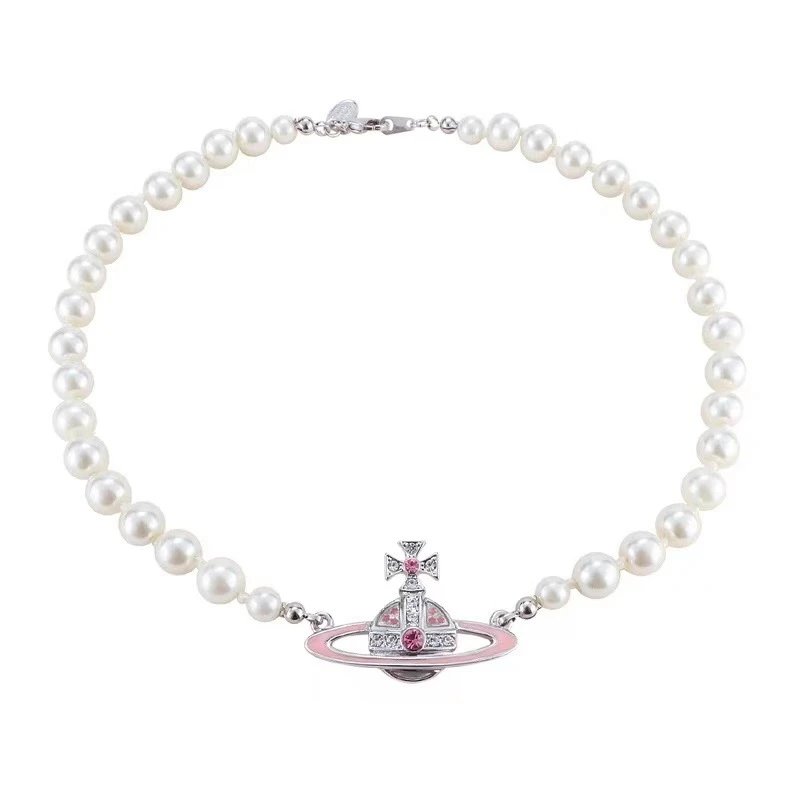 Vivienne Westwood Orb Pink Enamel Pearl Necklace