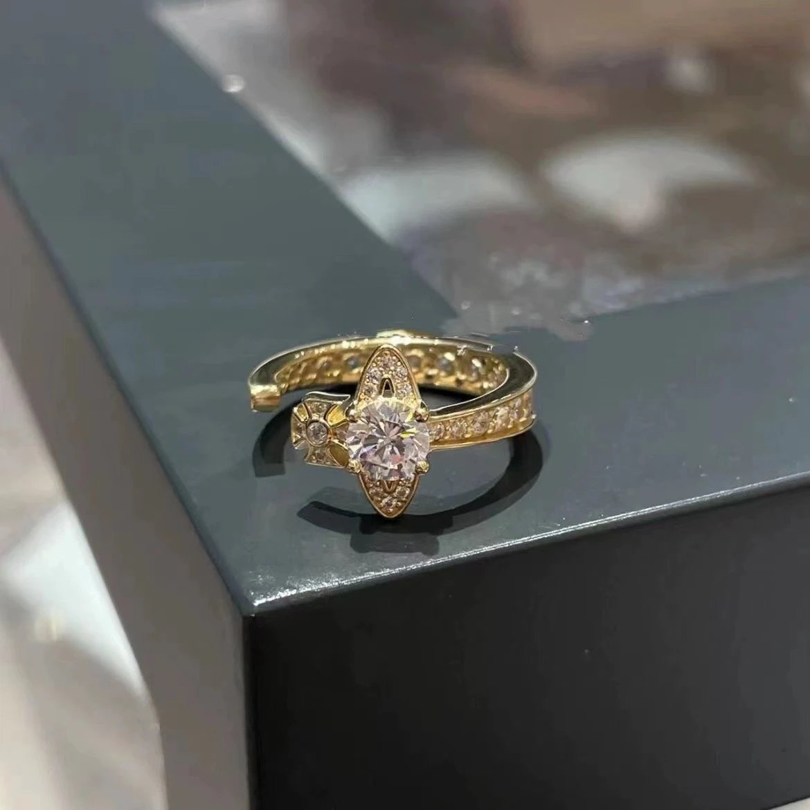 Gold Tone Crystal Cluster Open Ring