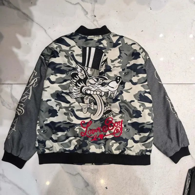 Love Boy Camouflage Gray Embroidered Wolf Bomber Jacket