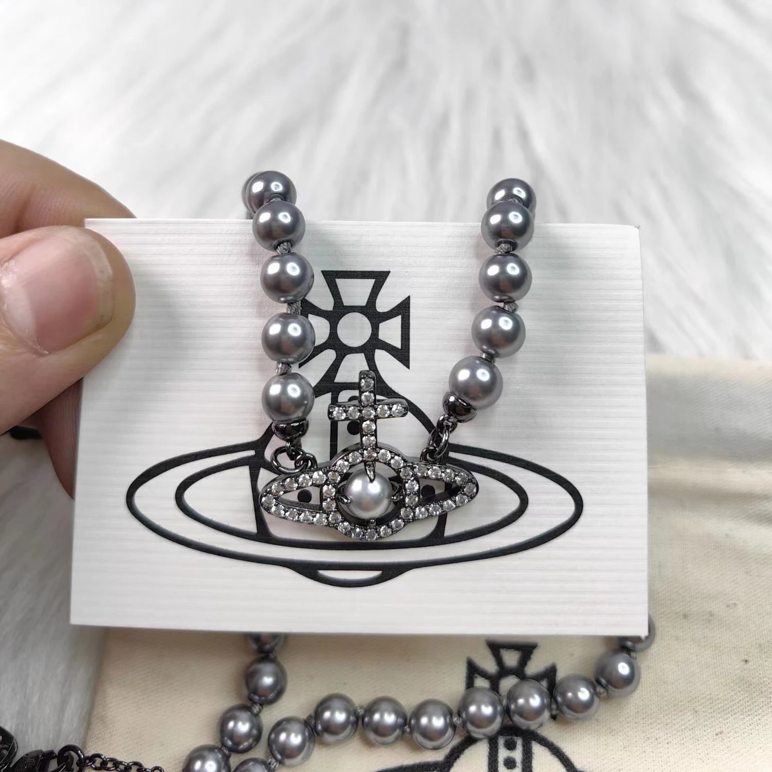 Vivienne Westwood Orb Gray Pearl Crystal Necklace