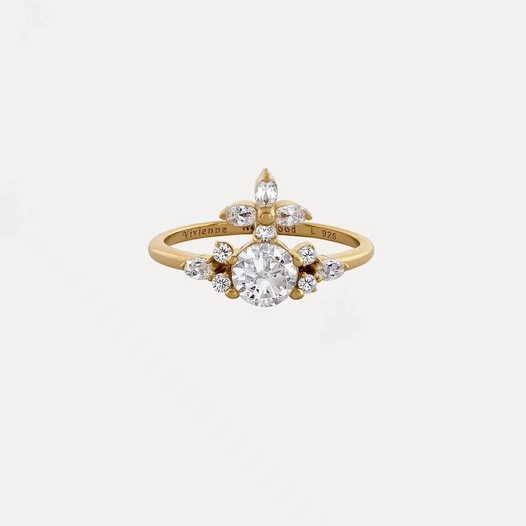 Silver Flower Design Clear Crystal Cluster Ring