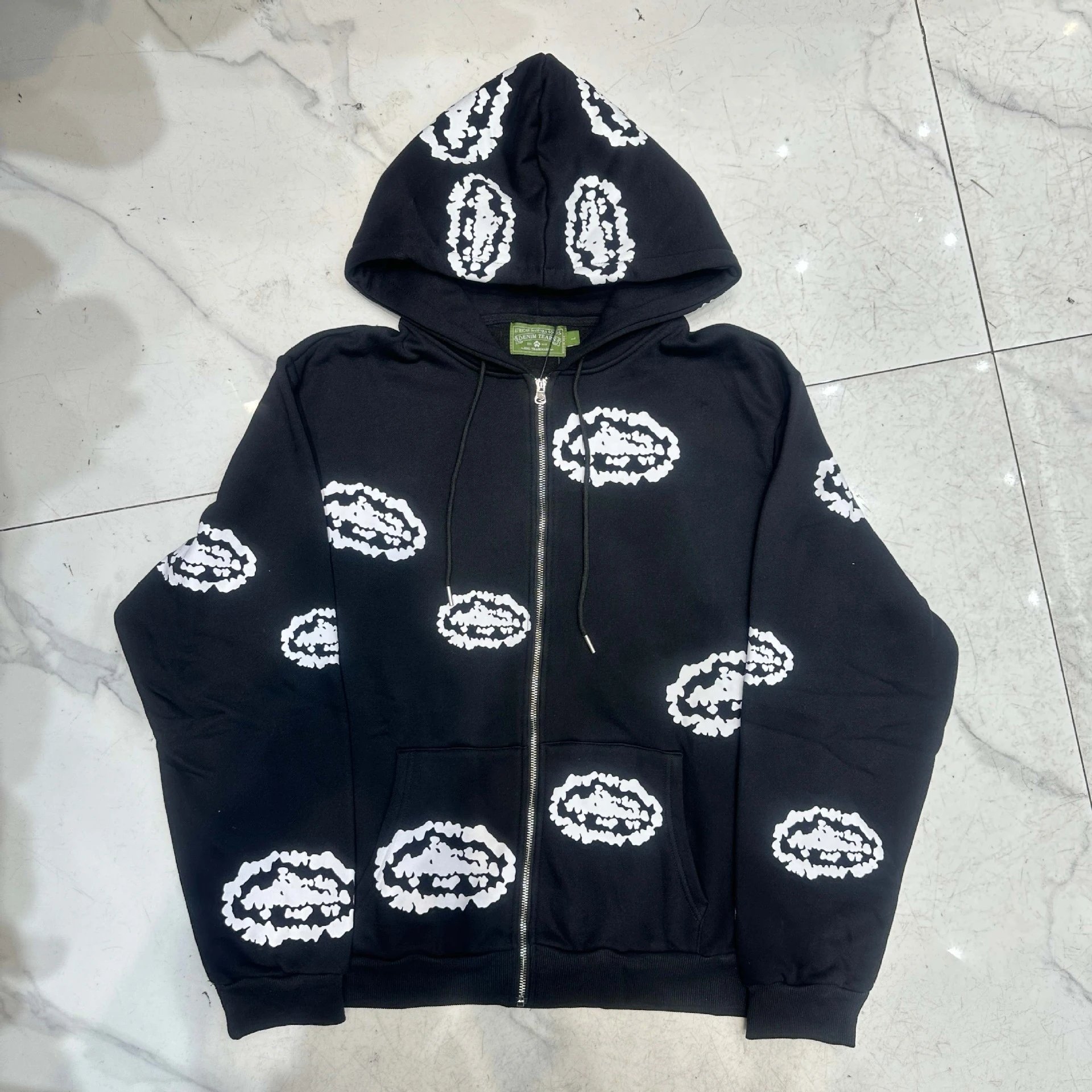 Black Full Zip Hoodie With White Cloud Print Streetwear