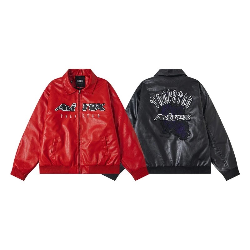 Avirex Trapstar Red Black Leather Bomber Jacket