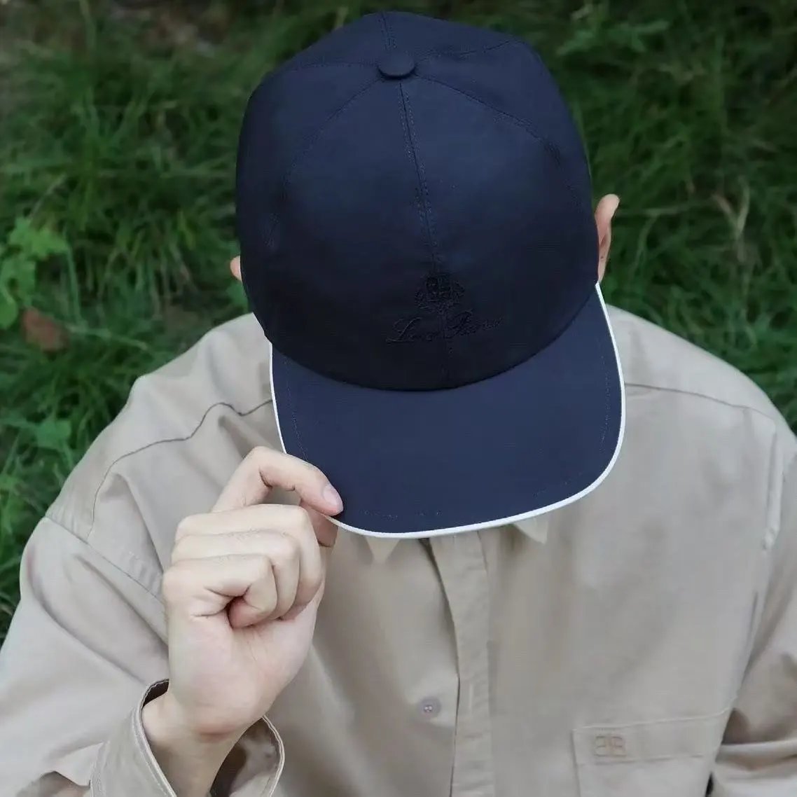 Loro Piana Beige Navy Gray White Embroidered Baseball Cap