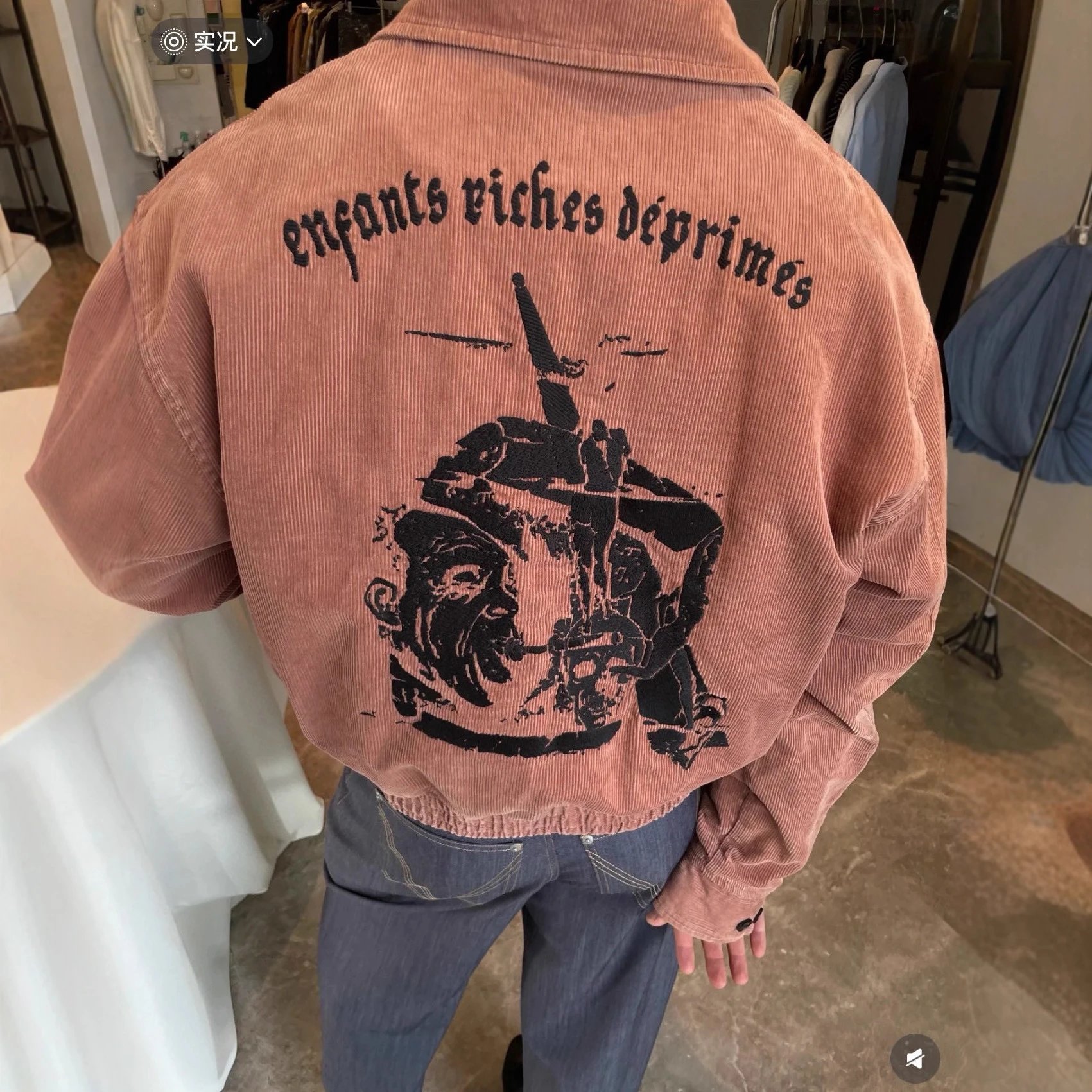 Corduroy Jacket Pink Graphic Print Oversized Bomber