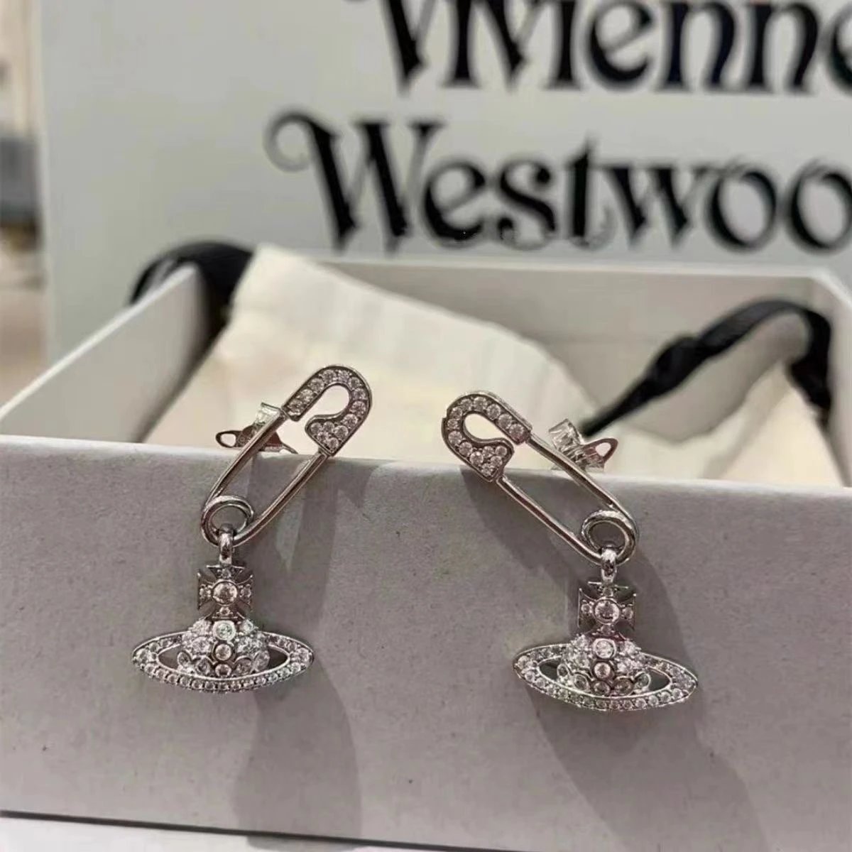 Vivienne Westwood Silver Crystal Safety Pin Orb Earrings