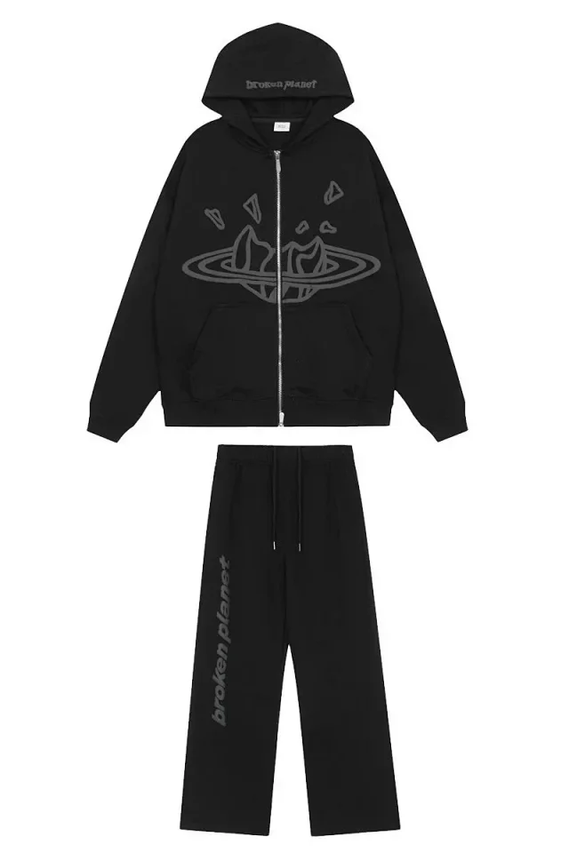 Broken Planet Zip-up hoodie and wide-leg sweatpants with flame graphic product detail image 4