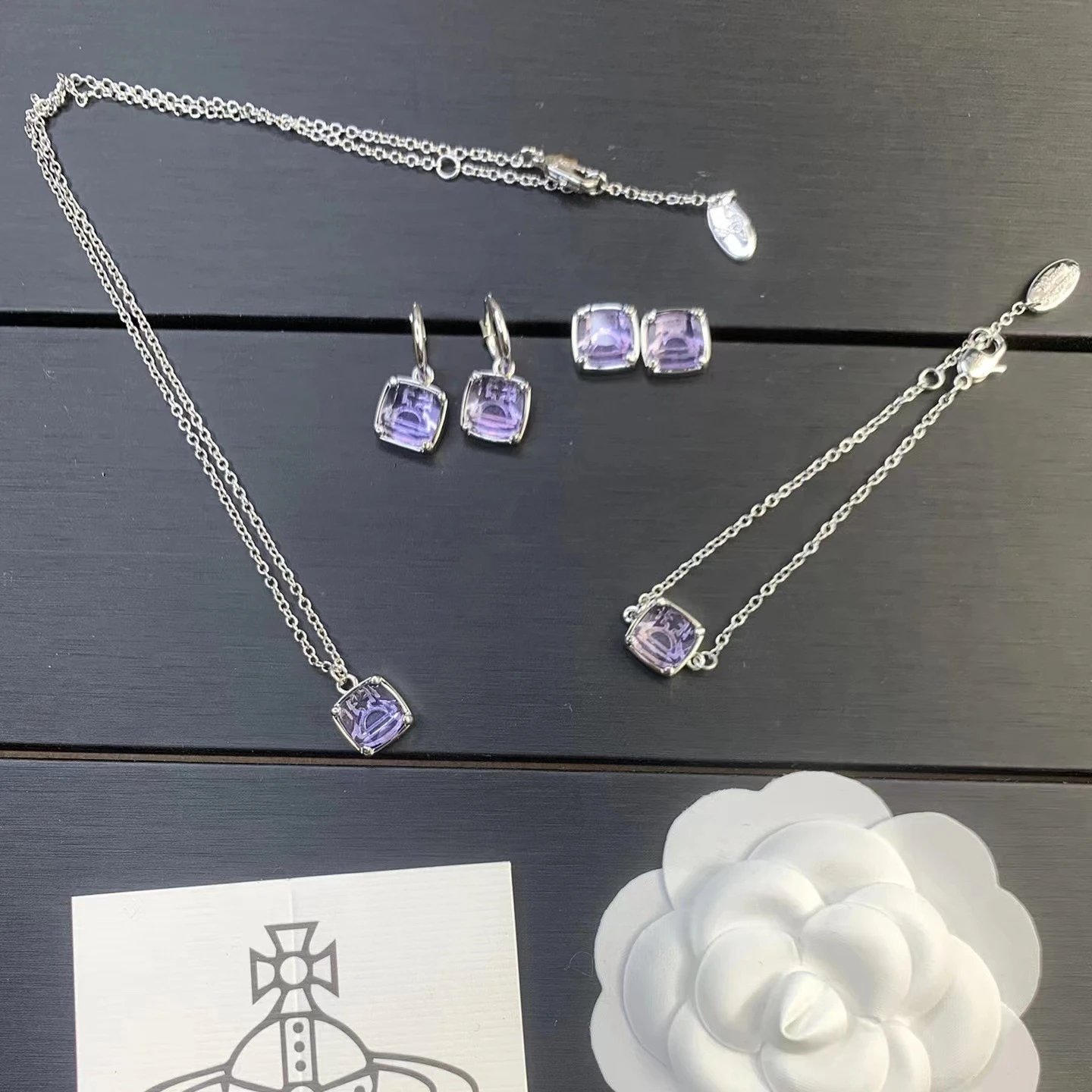 Silver Tone Amethyst Square Cut Jewelry Set