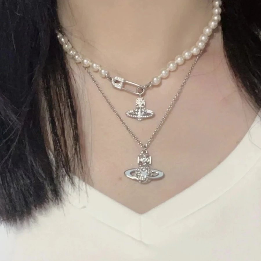 Vivienne Westwood Pearl Safety Pin Crystal Orb Necklace Set Silver