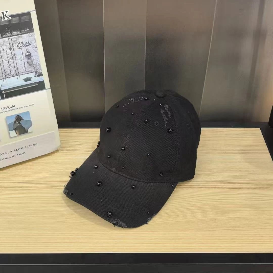 Pearl Embellished Denim Baseball Cap Pink Blue White Black Distressed