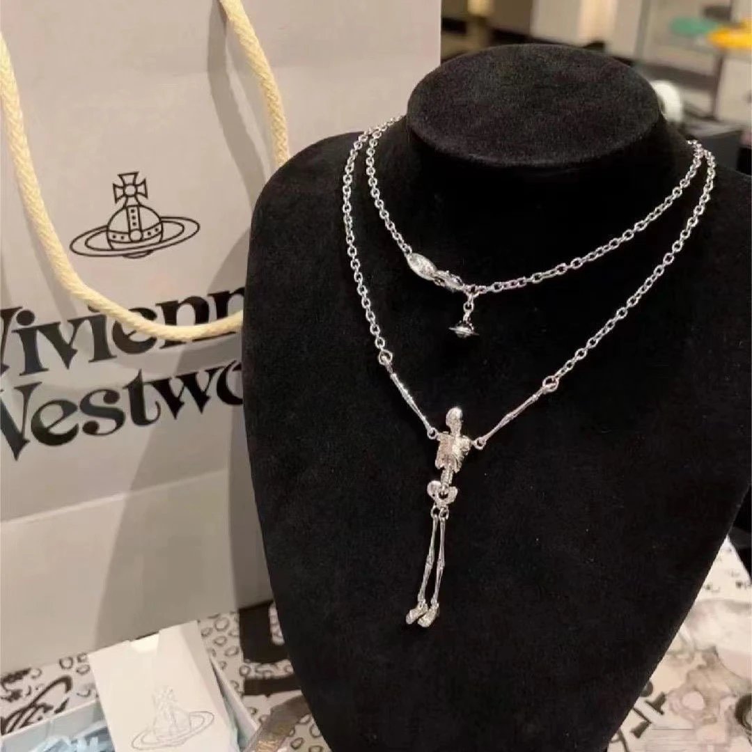 Vivienne Westwood Silver Skeleton Pendant Layered Chain Necklace