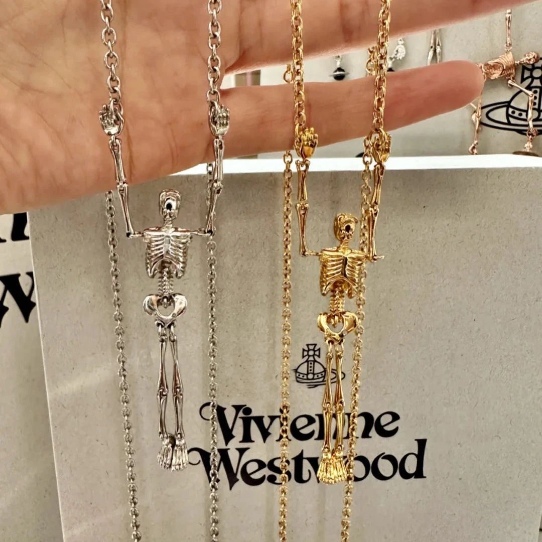Vivienne Westwood Silver Skeleton Pendant Layered Chain Necklace