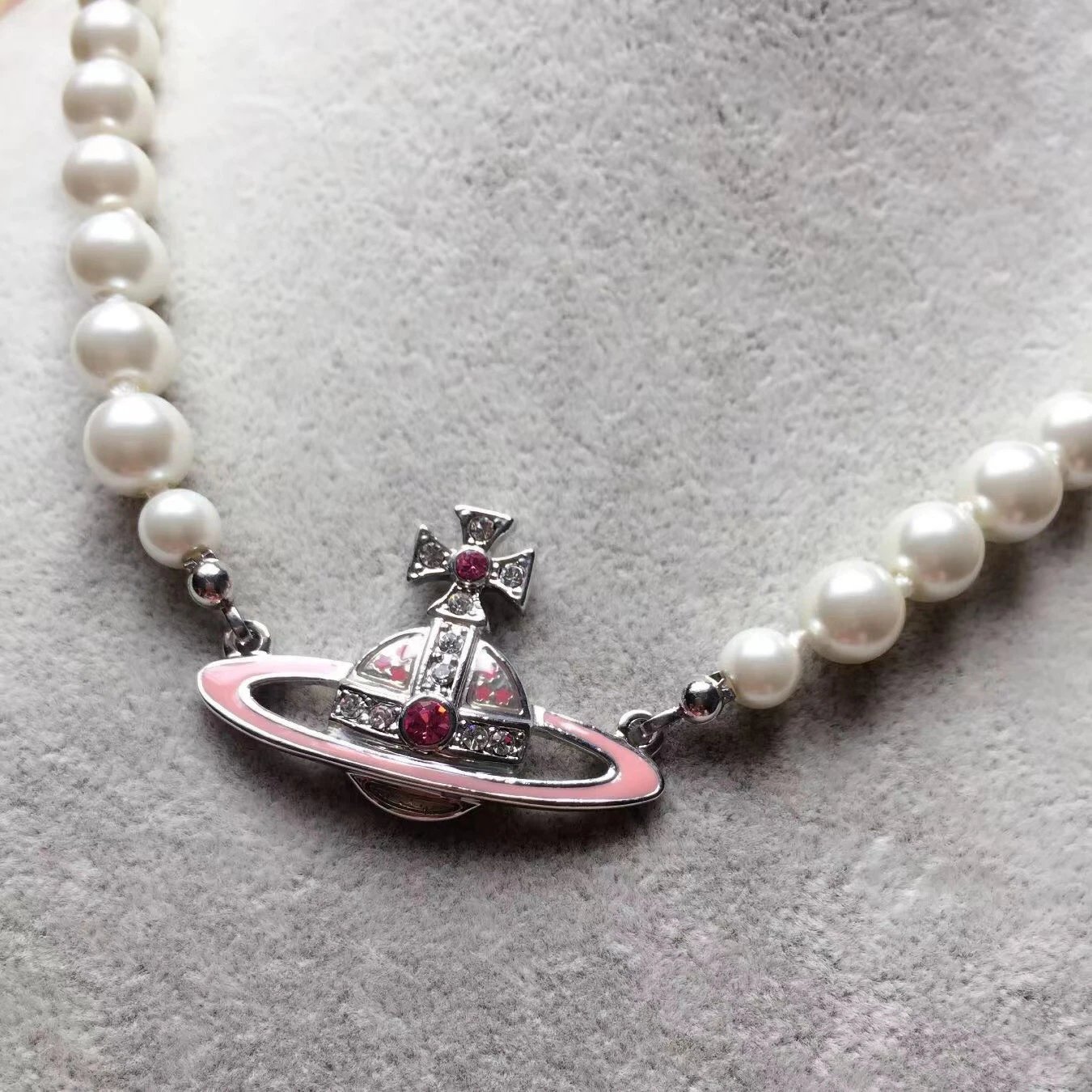 Vivienne Westwood Orb Pink Enamel Pearl Necklace