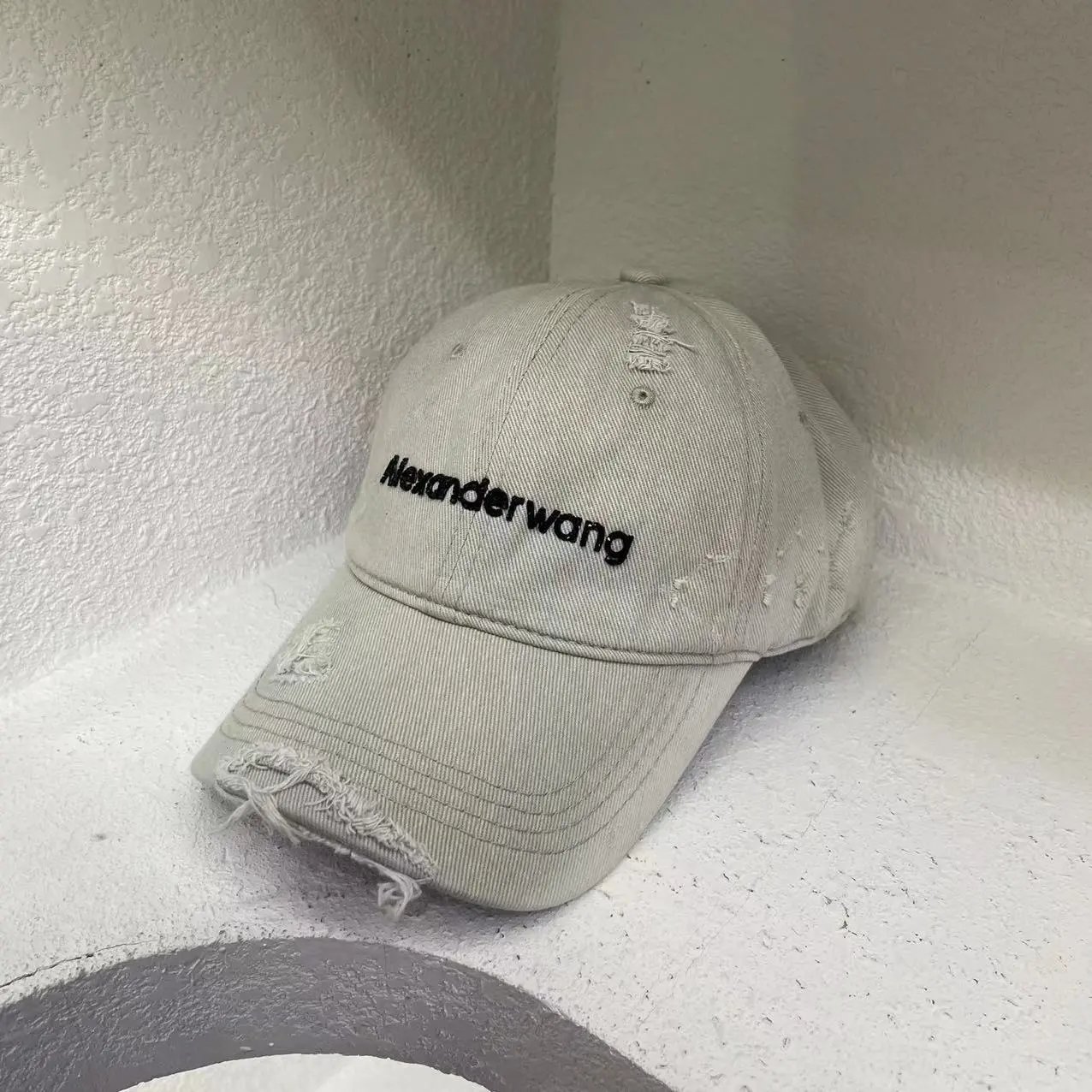 Alexander Wang Distressed Embroidered Baseball Cap Beige Olive Charcoal Vintage