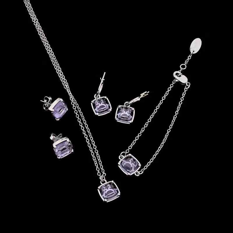 Silver Tone Amethyst Square Cut Jewelry Set