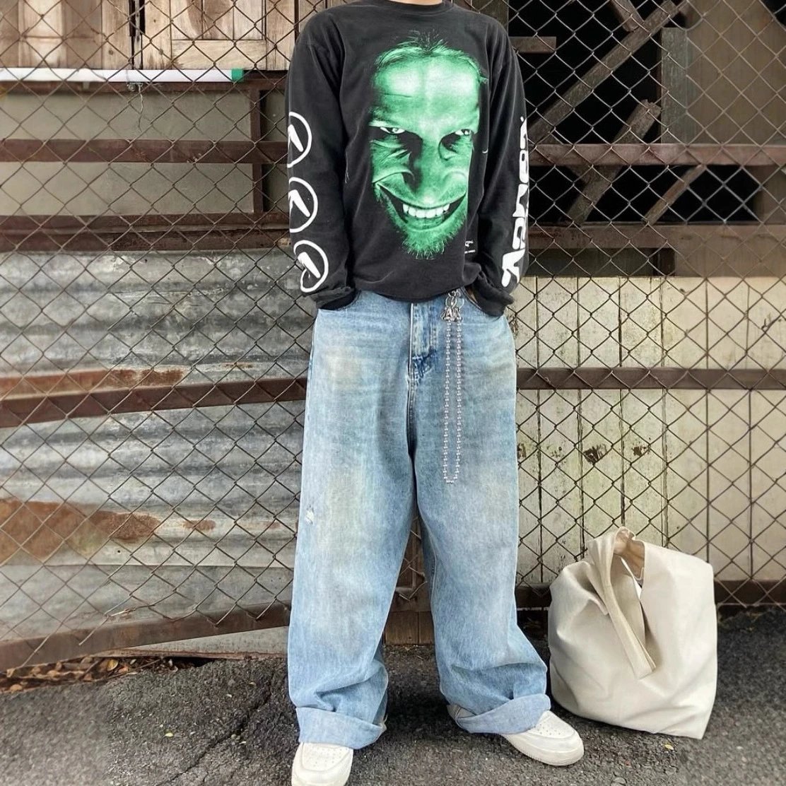 Black Graphic Long Sleeve Tee Green Face Print Streetwear