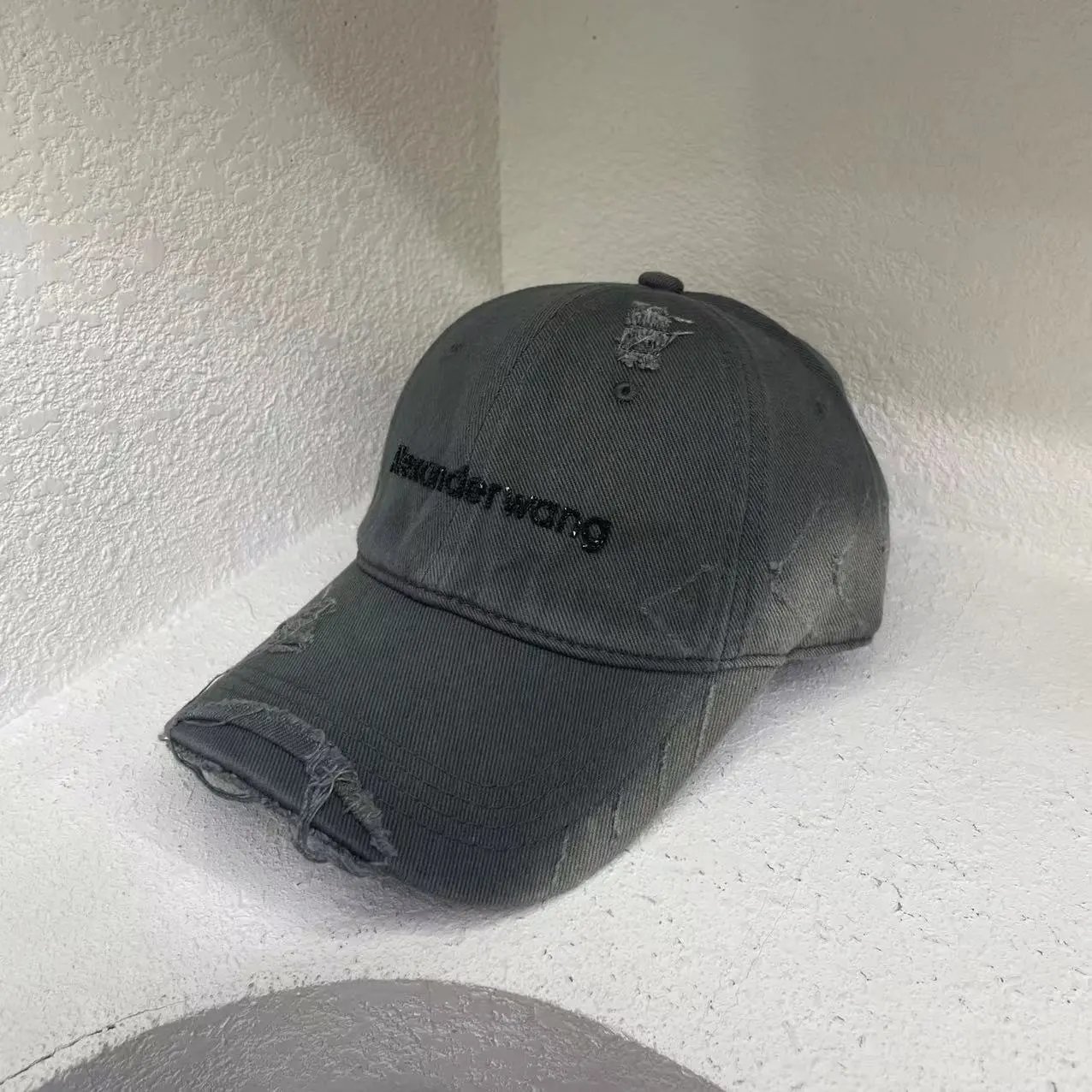 Alexander Wang Distressed Embroidered Baseball Cap Beige Olive Charcoal Vintage