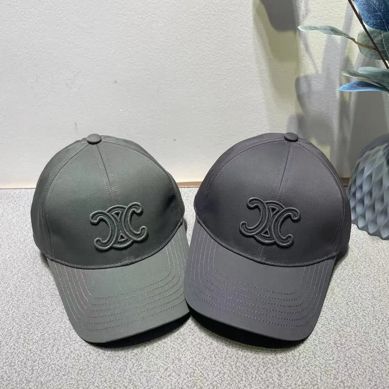 Celine Logo Embroidered Grey Brown Olive Baseball Cap