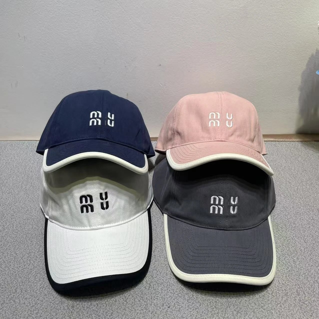 MU Brand Embroidered Logo Adjustable Baseball Cap Navy Pink White Gray Casual