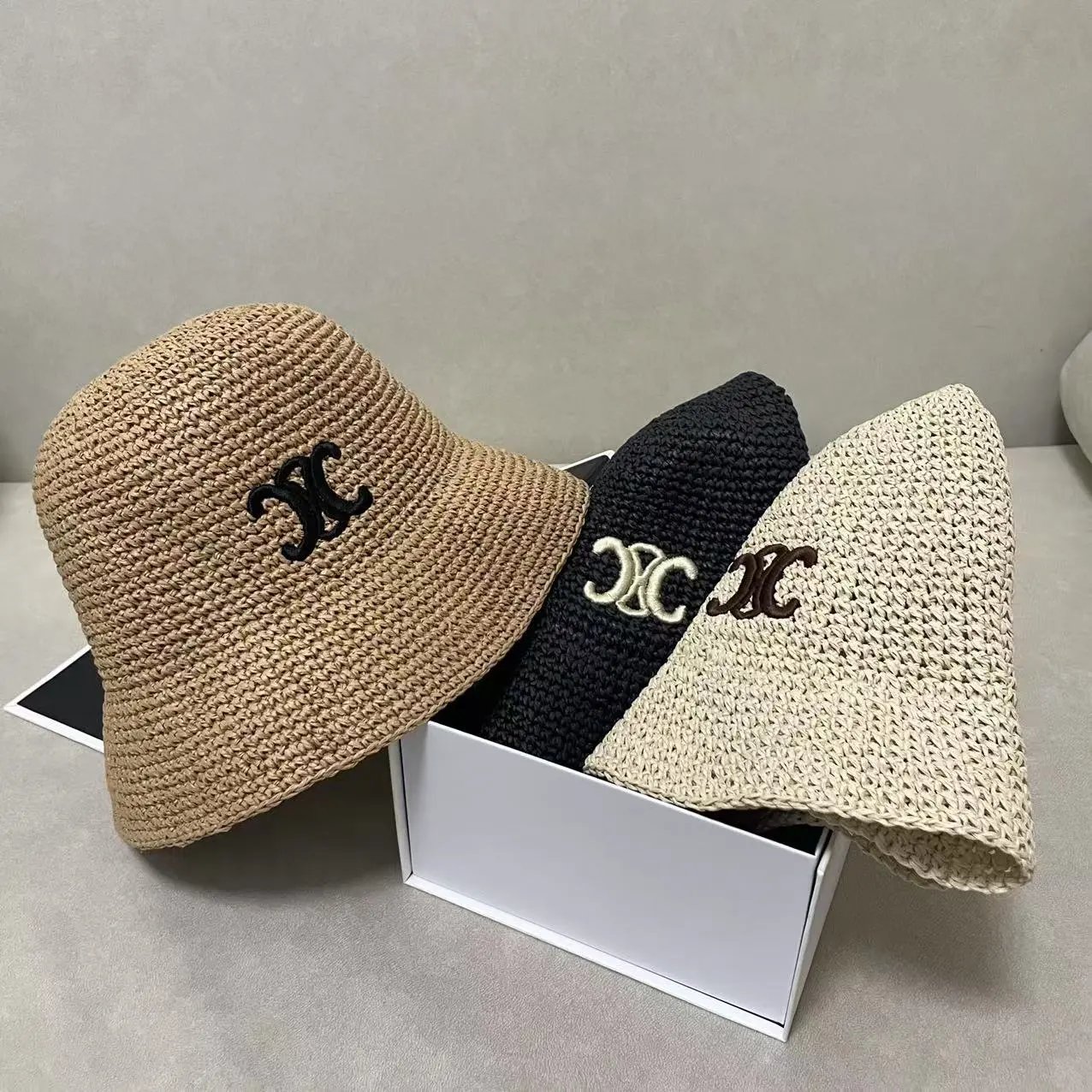 Woven Bucket Hat Beige Black Cream Embroidered Logo Summer Hat